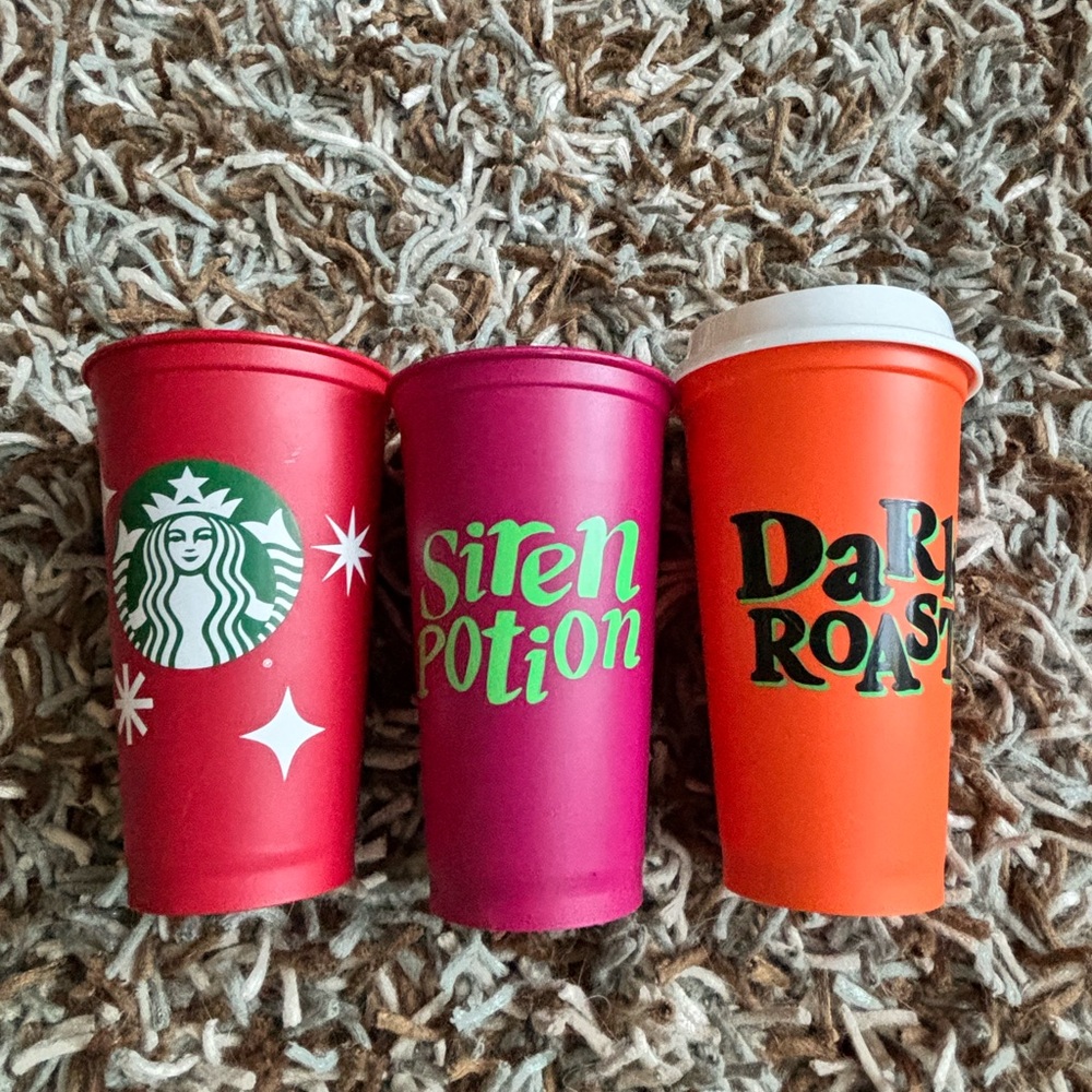 STARBUCKS Red, Pink & Orange Holiday Cup Trio
